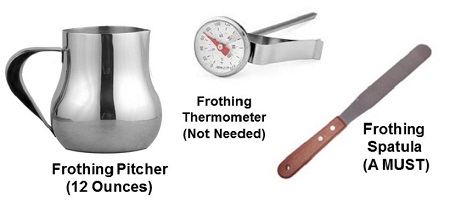 Use a 12 ounce frothing pitcher. You don't need a thermometer, but will want a spatula.