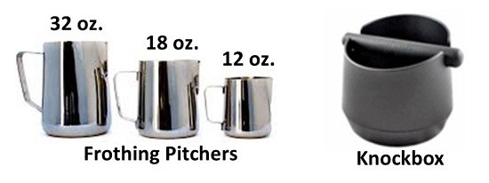 Three Frothing Pitchers and a Knockbox