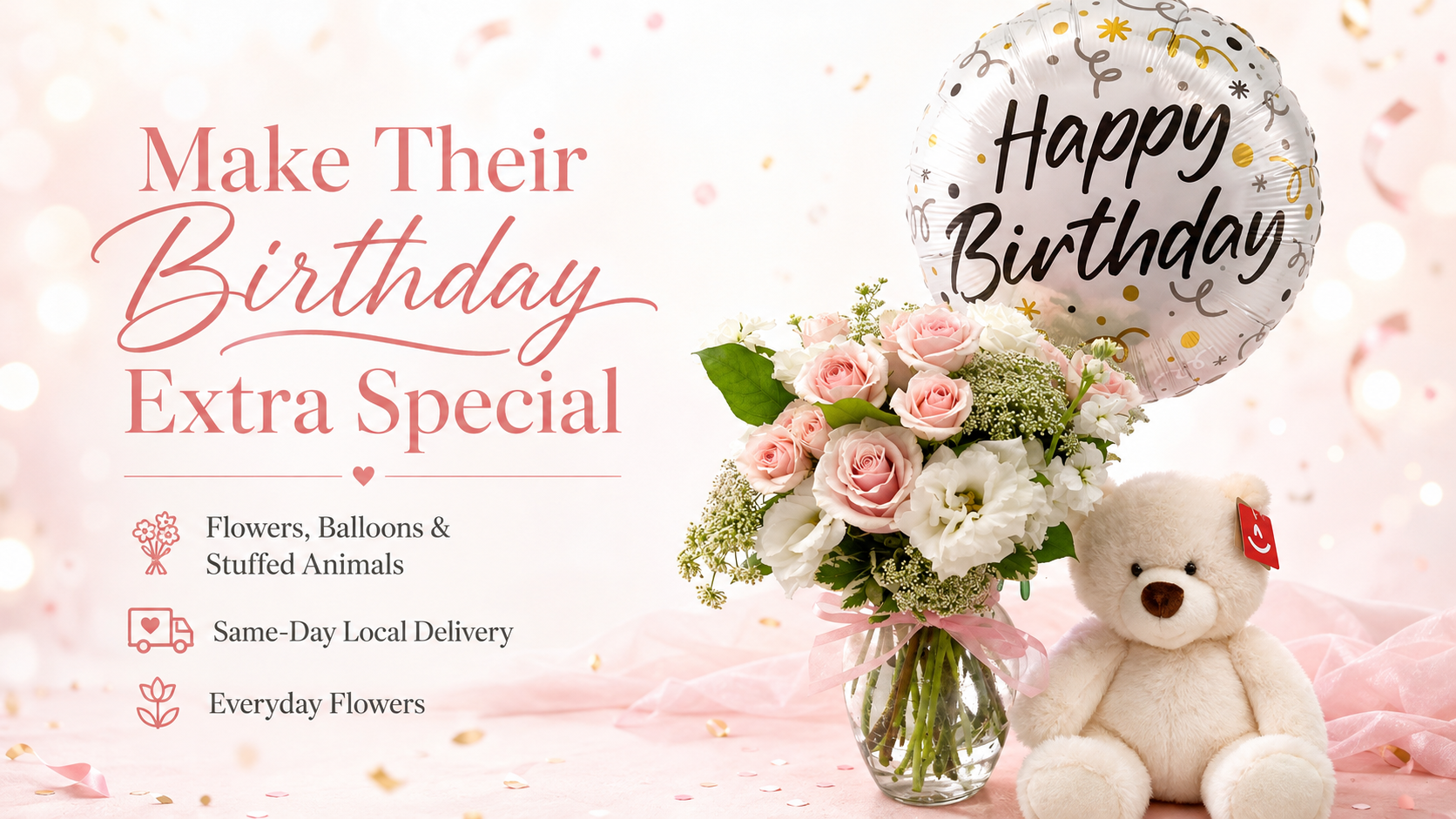 Birthday Flowers With Balloons and Stuffed Animals by Everyday Flowers