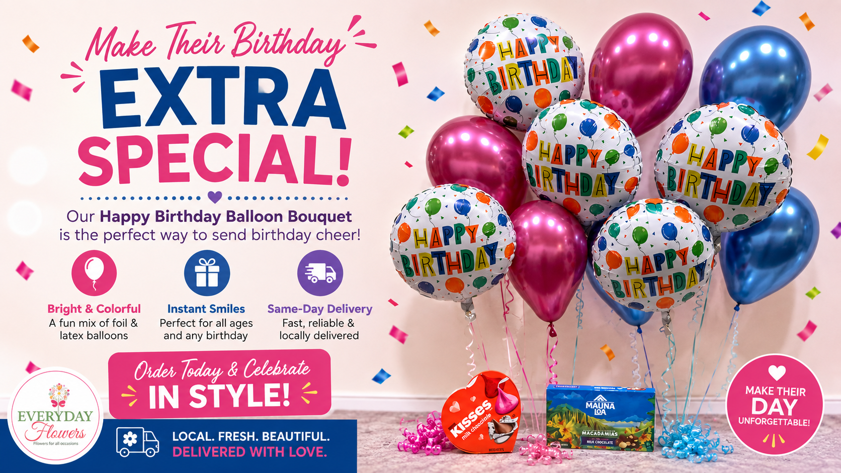 Happy Birthday Balloon Bouquets available for same-day delivery throughout Orange County