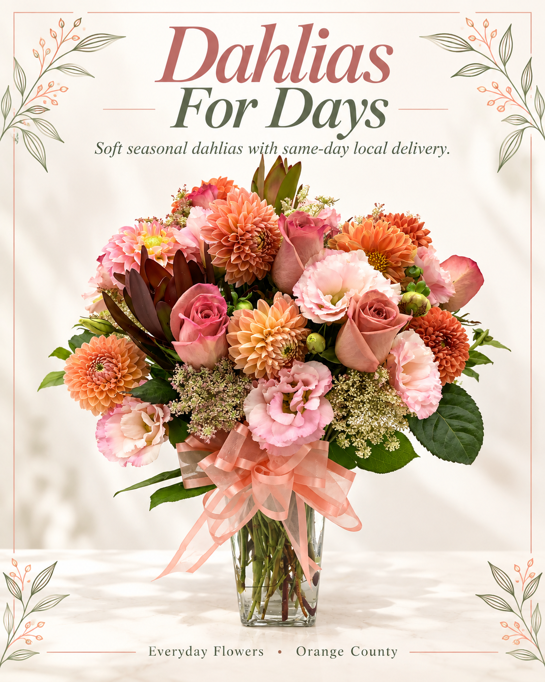 Dahlias For Days features seasonal peach, blush and pink dahlias paired with mauve roses, soft pink blooms, textural accents and fresh greenery. Professionally arranged in a clear glass vase and finished with a blush ribbon. Handcrafted by Everyday Flowers with same-day local delivery available throughout Orange County, California, or pickup in Santa Ana. Dahlia availability is seasonal