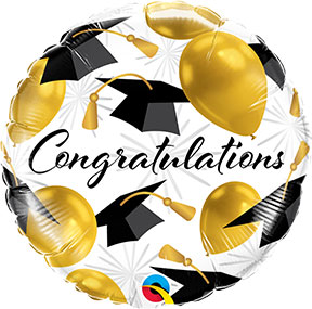 A White Foil Balloon With Gold Balloons and Black Graduation Caps Printed with Congratulations A White Foil Balloon With Gold Balloons and Black Graduation Caps with a Printed Congratulations Message