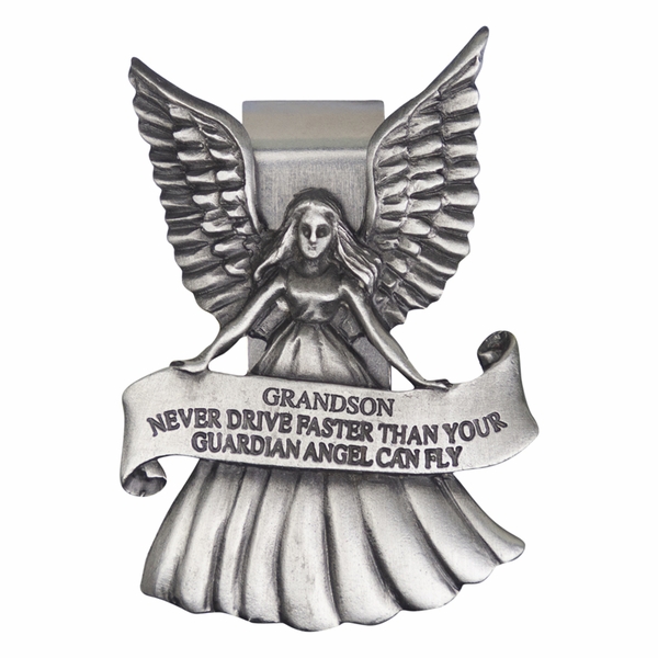 An angel visor clip with a prayer for a grandson. The angel holds a ribbon with the prayer printed on it.