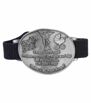 An oval visor clip with a black band behind it with baby items on the metal and a guardian angel's prayer.