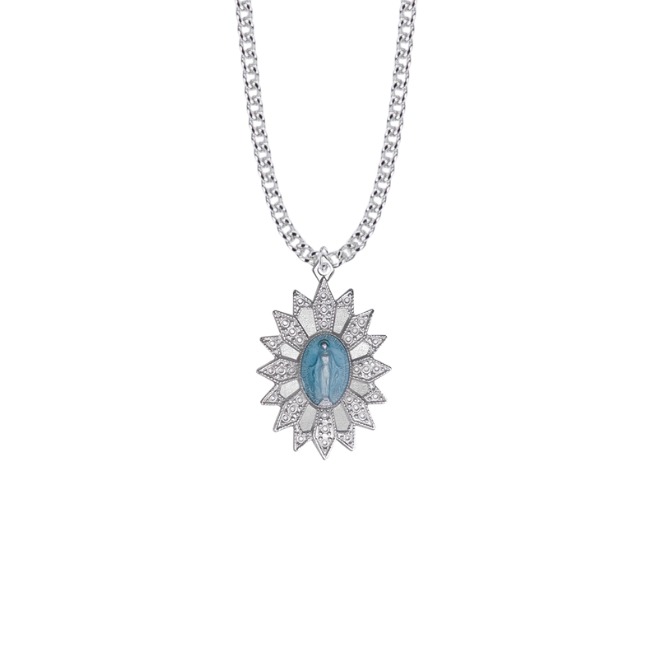 A patron saint medal with spikey edges. The saint in the middle of the medallion is turquoise blue.