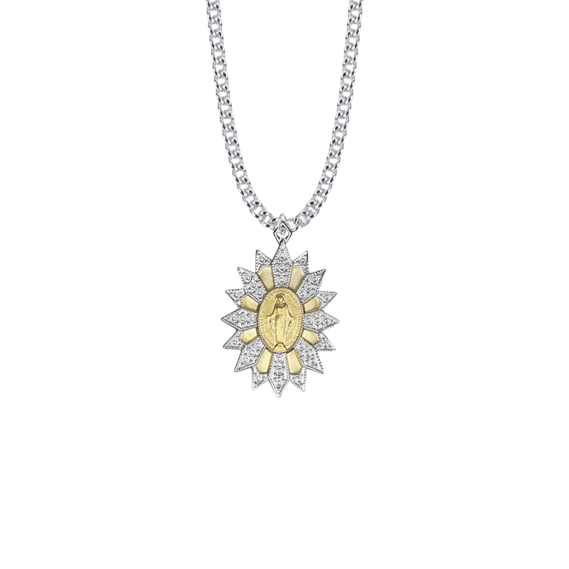 A silver and gold Saint medal on a white background. The chain is silver and the medal has gold details.