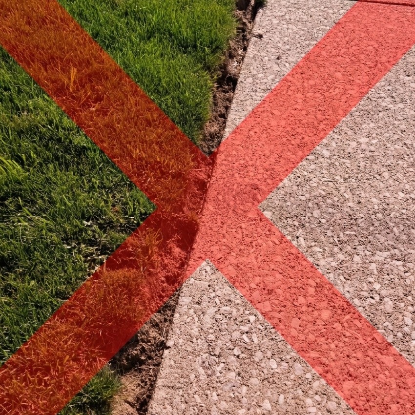 Close-up of a jagged, shallow lawn edge marked with a red X to show errors.