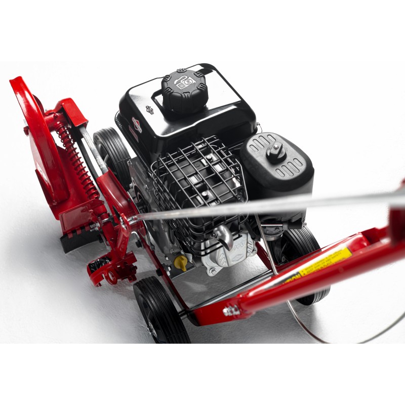 Top-left view of the precision cutter head locked in the standard vertical trenching position.