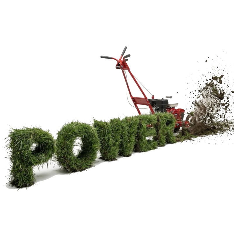 McLane commercial walk-behind edger shredding 3D grass letters spelling POWER to show high-torque performance.