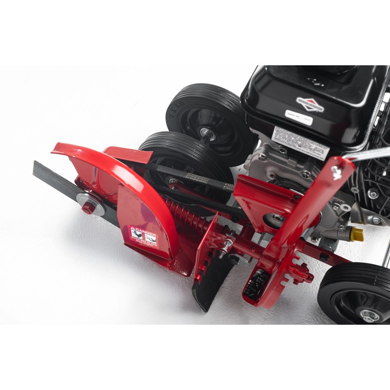 Detailed view of the single belt drive system and the machined tilt-teeth locking mechanism.