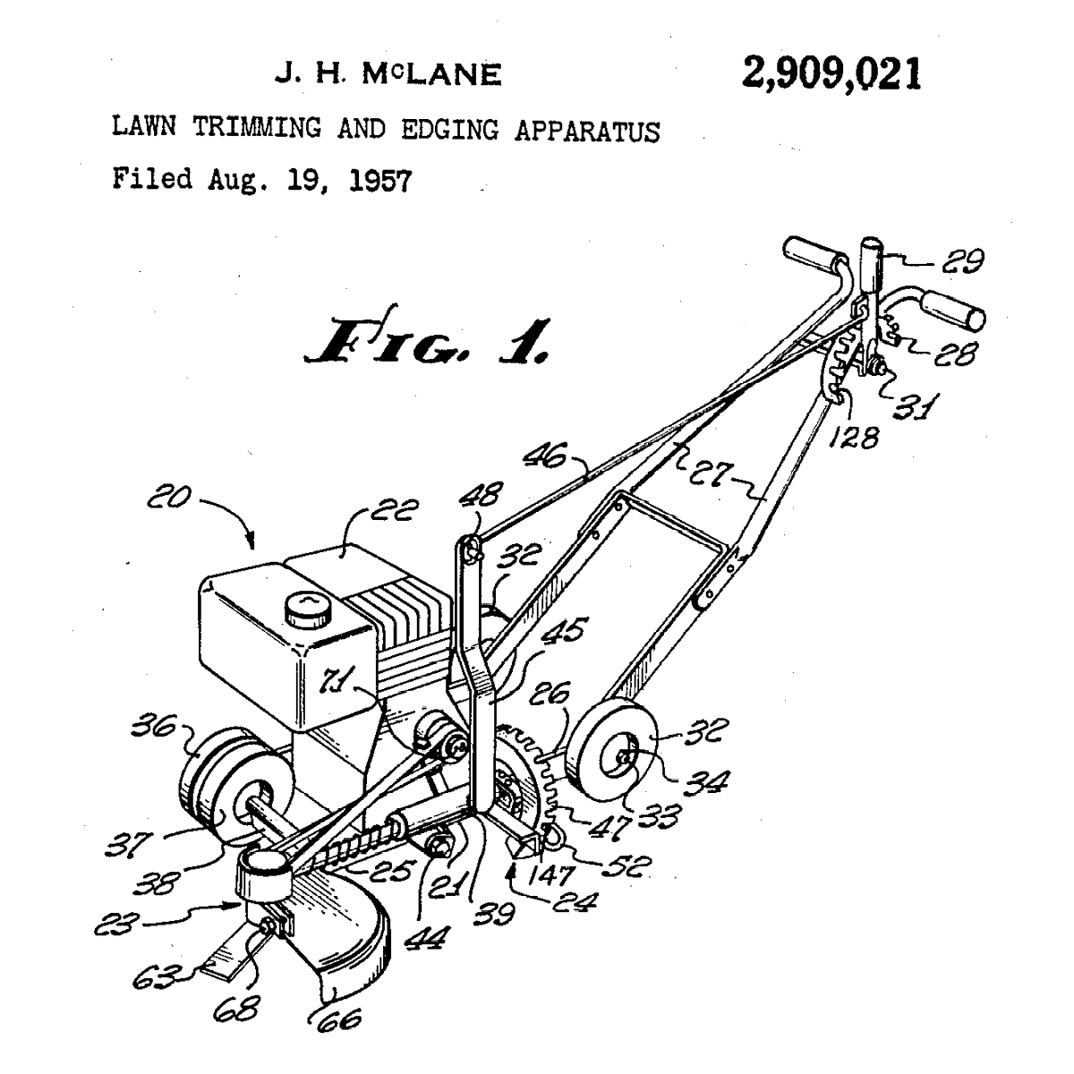 Imagery from James McLane's patent 2909021 picturing his new edger design