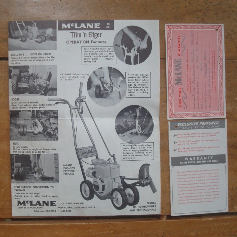 Vintage McLane edger manual and warranty card showing original tool features.