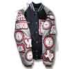 A customized varsity cheerleading letterman jacket with custom letterman patches created in the school colors to compliment the award jacket.