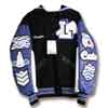 This leather 3 color sleeve letterman jacket has a sailor collar and assorted custom chenille patches. The patches are embellished with crystal rhinestones and various chenille prinst such as a polka-dot pattern and a chevron pattern.