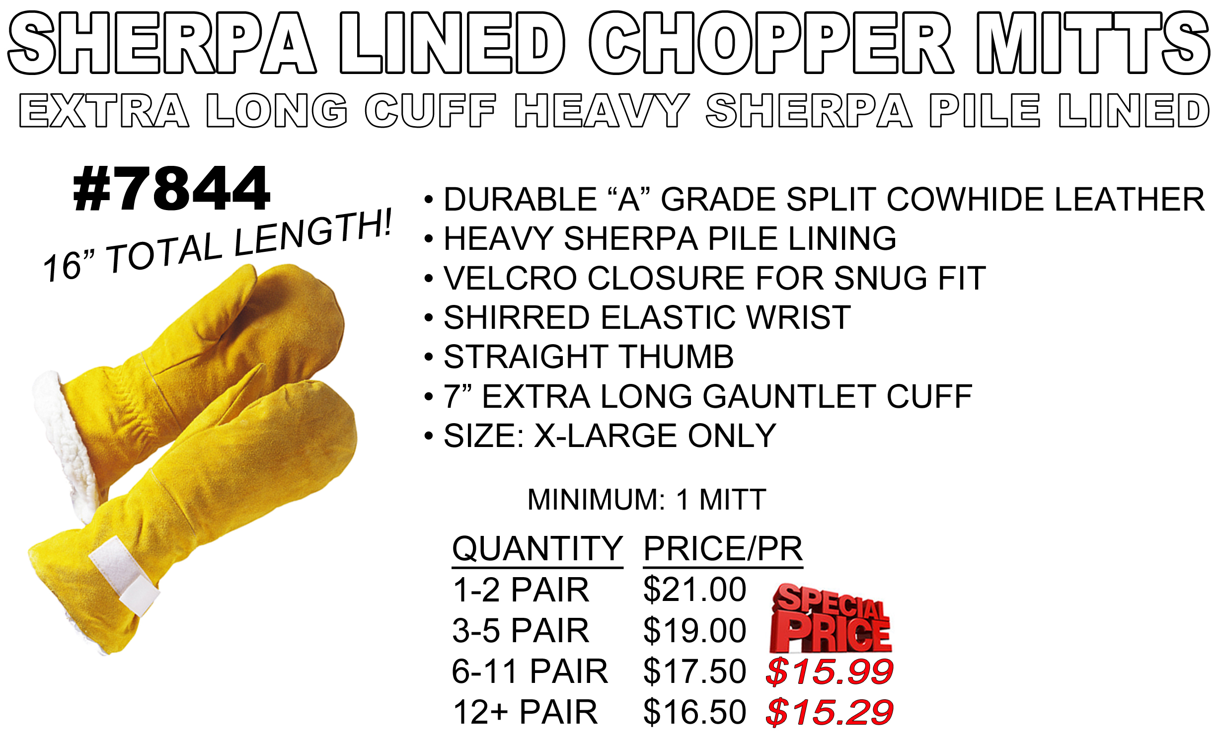 7844 Extra Long Heavy Sherpa Pile Lined Chopper Mitts