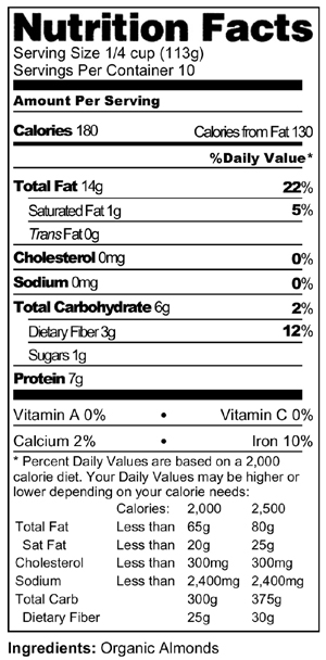 Nutrition Facts for organic non-pasteurized, imported almonds