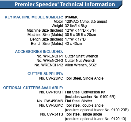 HPC Premier Speedex Key Duplicator Technical Specifications
