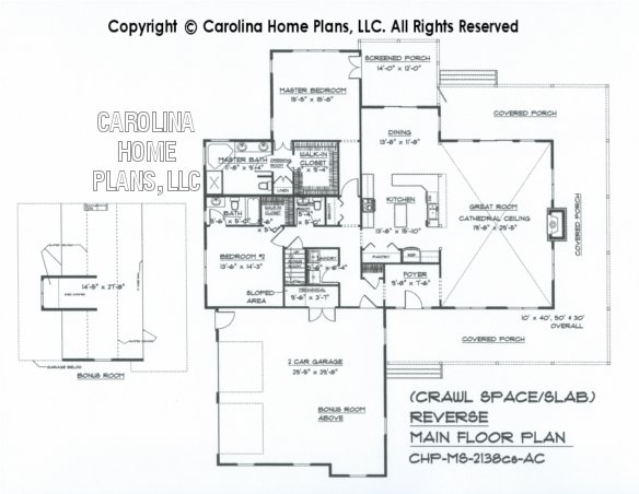 MS-2138 Reverse Main Floor Plan with Bonus Room, crawl/slab