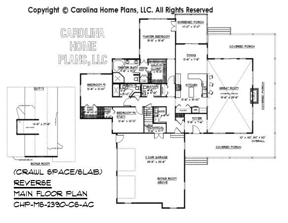 MS-2390 Reverse Main Floor Plan with Bonus Room, crawl/slab