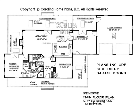 SG-1280 (Garage/Crawl/Slab) Reverse Main Floor Plan