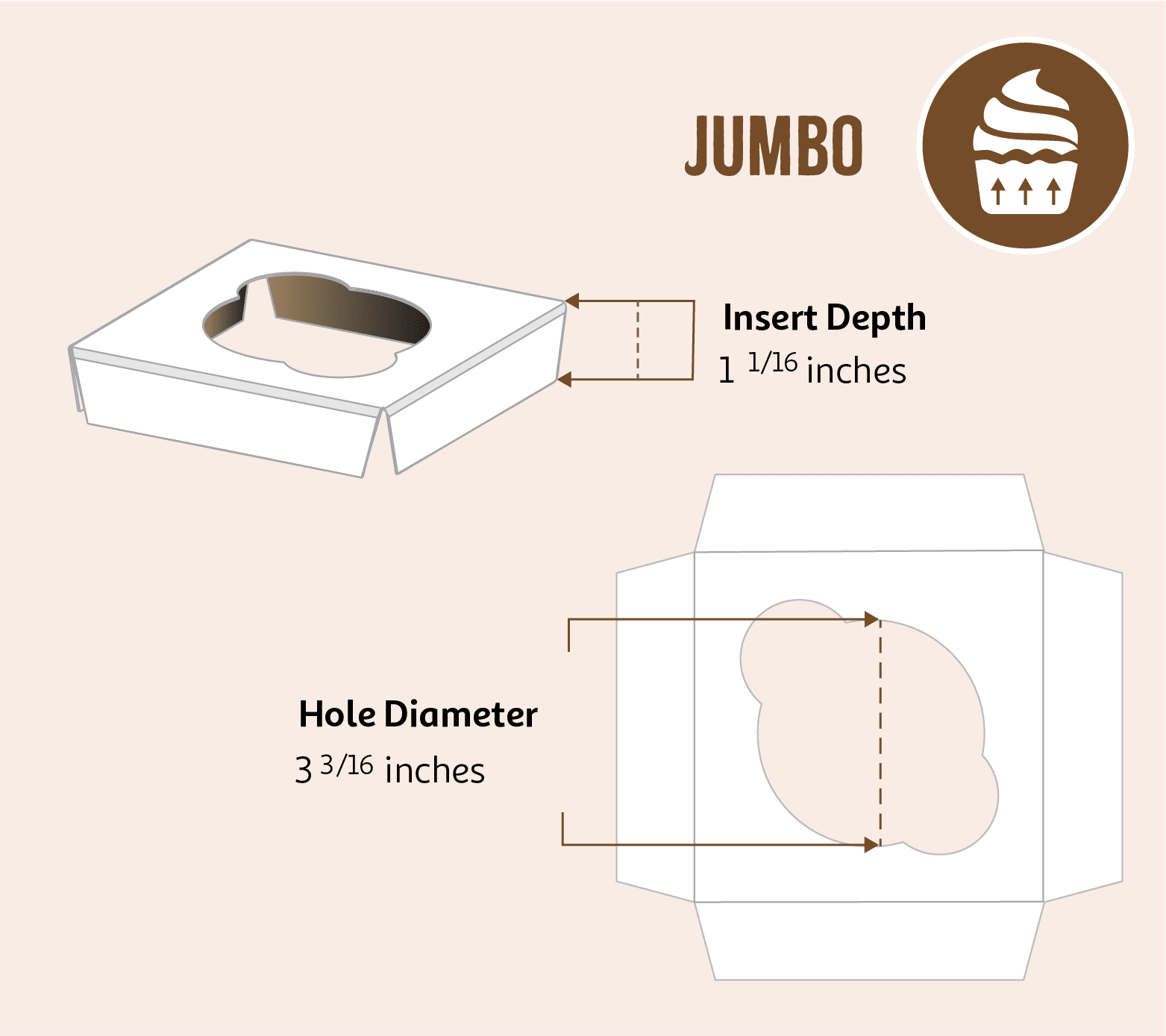 Jumbo cupcake insert dimensions showing 1 1/16 inch depth and 3 3/16 inch diameter