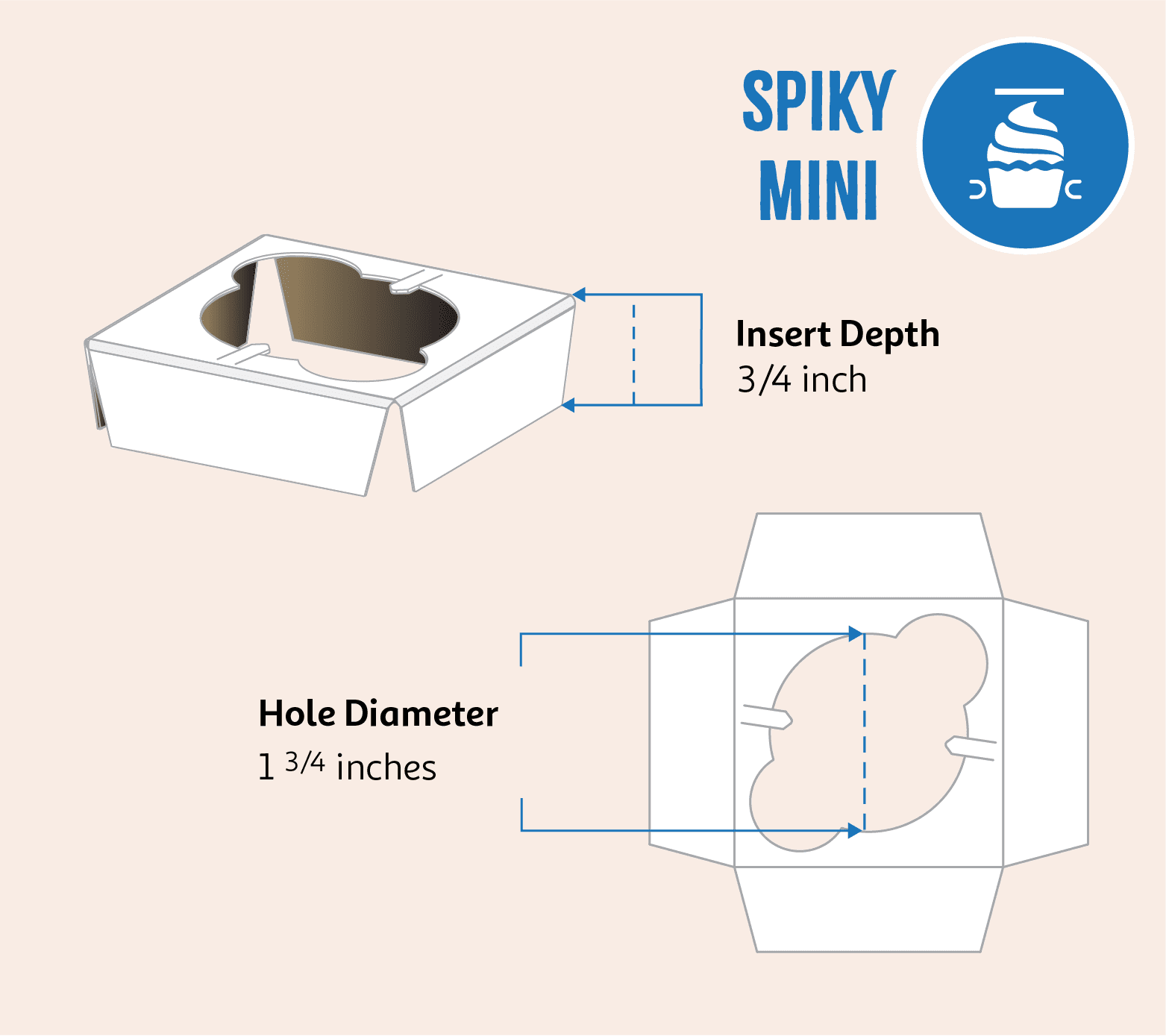 Spiky mini cupcake insert dimensions showing 3/4 inch depth and 1 3/4 inch diameter