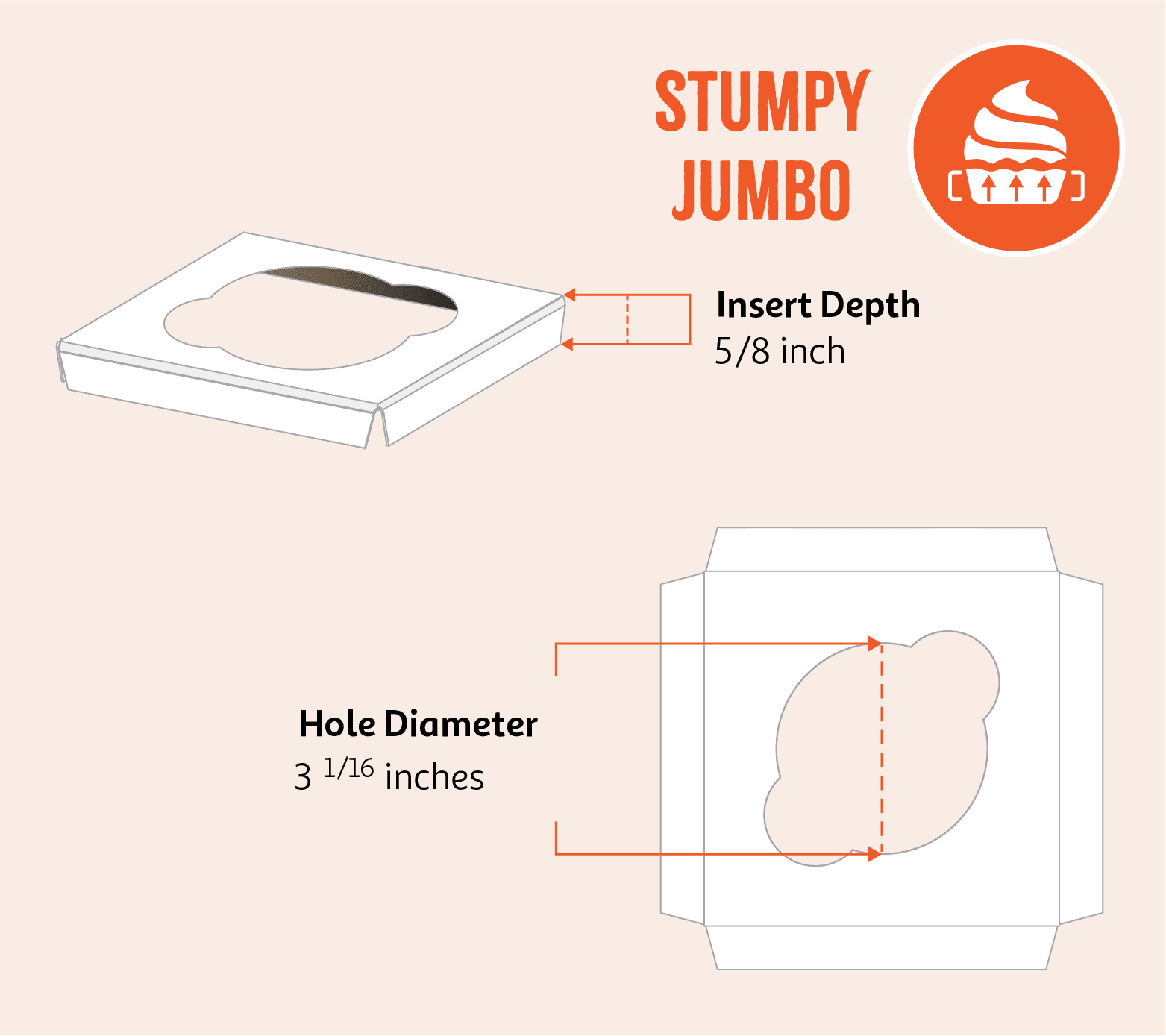Stumpy jumbo cupcake insert dimensions showing 5/8 inch depth and 3 1/16 inch diameter