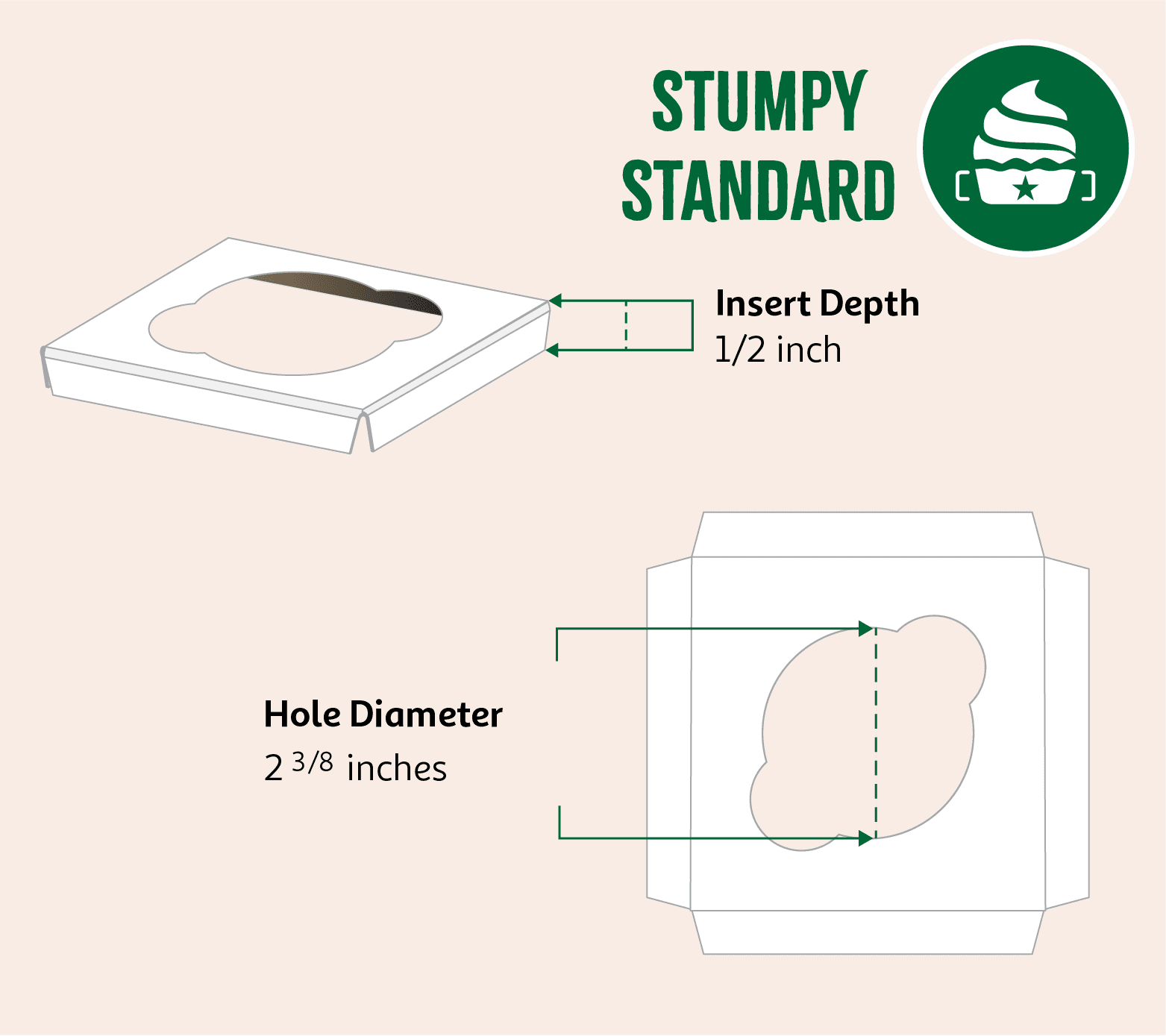 Stumpy standard cupcake insert dimensions showing 1/2 inch depth and 2 3/8 inch diameter