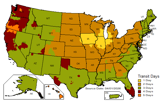 Transit Time Map - Lower 48 States