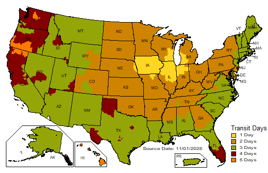 Transit Time Map - Lower 48 States