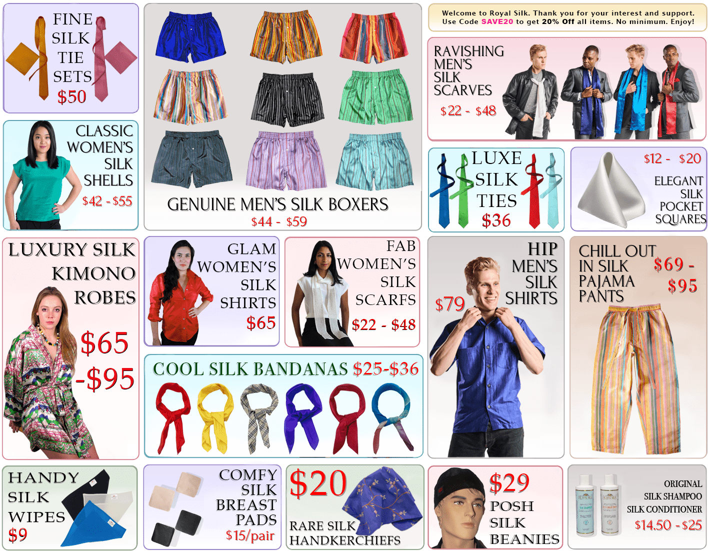 silk boxers, silk tie and pocket square sets and silk clothing and silk accessories