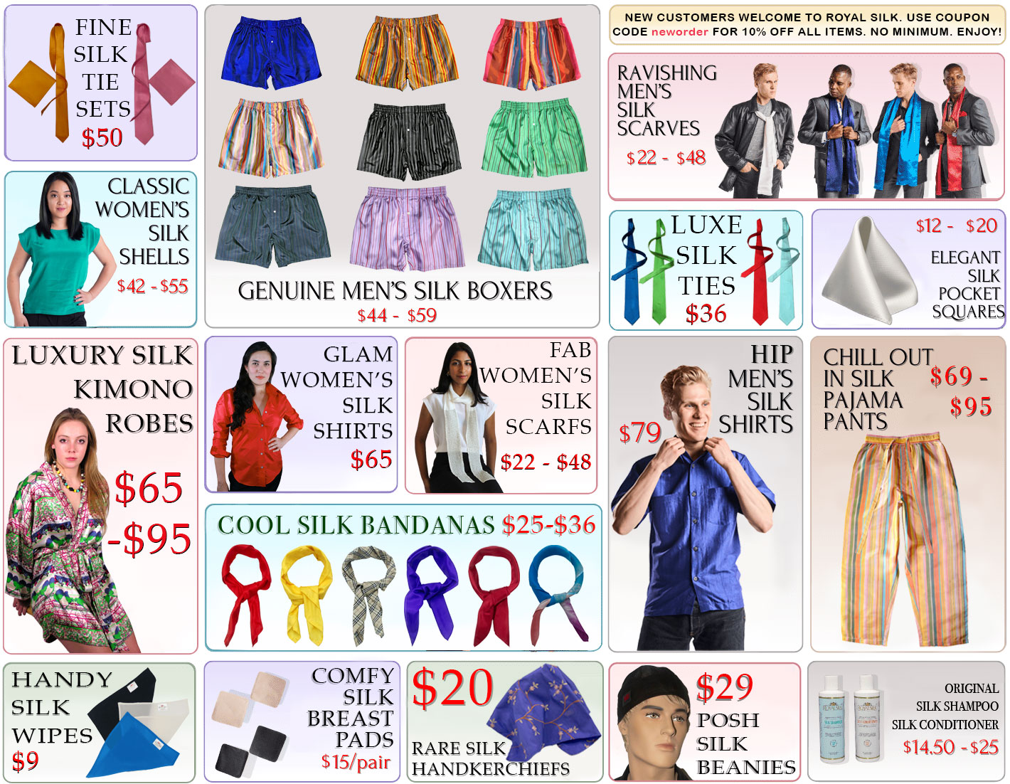silk boxers, silk tie and pocket square sets and silk clothing and silk accessories