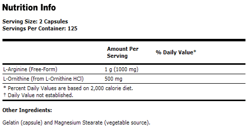 Arginine & Ornithine 500/250mg - 250 Capsules, NOW Foods