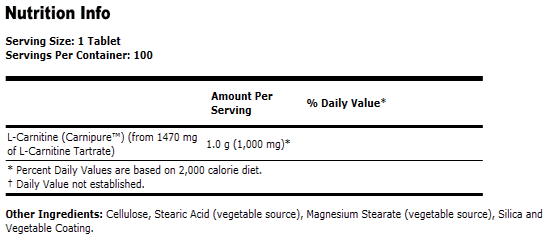 L-Carnitine 1000 mg - 100 Tabs, NOW Foods