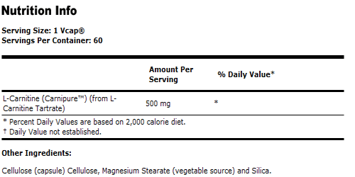 L-Carnitine 500 mg - 60 Capsules, NOW Foods