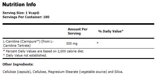L-Carnitine 500 mg- 180 Capsules, NOW Foods