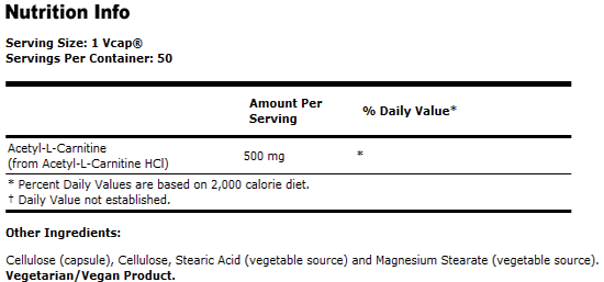 Acetyl-L Carnitine 500 mg - 50 Capsules, NOW Foods