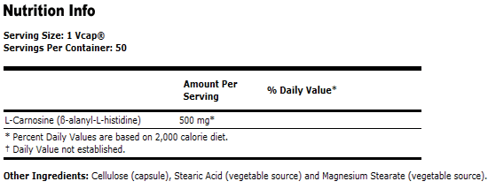 L-Carnosine 500 mg- 50 VCaps, NOW Foods