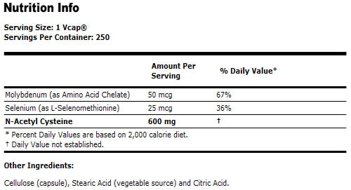 NAC 600 mg N-Acetyl Cysteine - 250 Capsules, NOW Foods