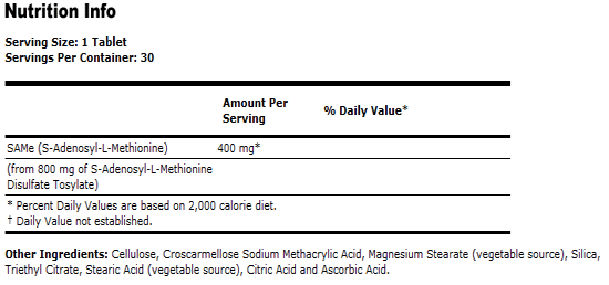 SAMe 400 mg Vegetarian - 30 Tablets, NOW Foods