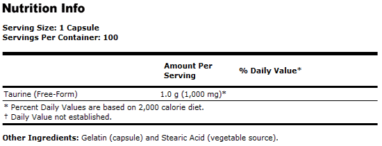 Taurine Supplement 1000 mg - 100 Capsules, NOW Foods