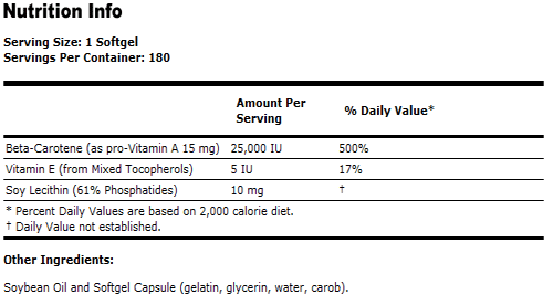 Beta Carotene ( Natural ) - 180 Softgels, NOW Foods
