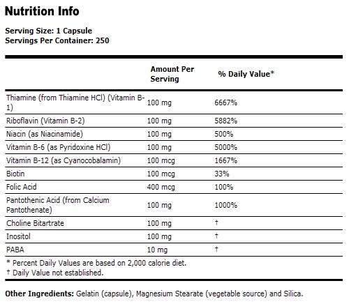 Vitamin B-100 Capsules High Potency B Complex - 250 Capsules, NOW Foods