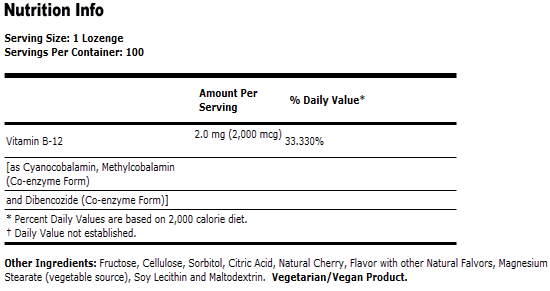 Vitamin B-12 2,000 mcg - 100 Lozenges, NOW Foods