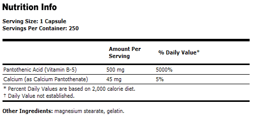 Pantothenic Acid from 545 mg Calcium Pantothenate 250 mg - 250 Capsules