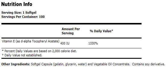 Vitamin E 400 IU - d-Alpha Tocopheryl Acetate - 100 Gels
