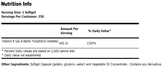 Vitamin E-400 IU D-Alpha Tocopheryl Acetate - 250 Gels, NOW Foods