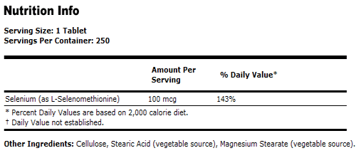 Selenium 100 mcg Yeast Free Vegetarian - 250 Tabs