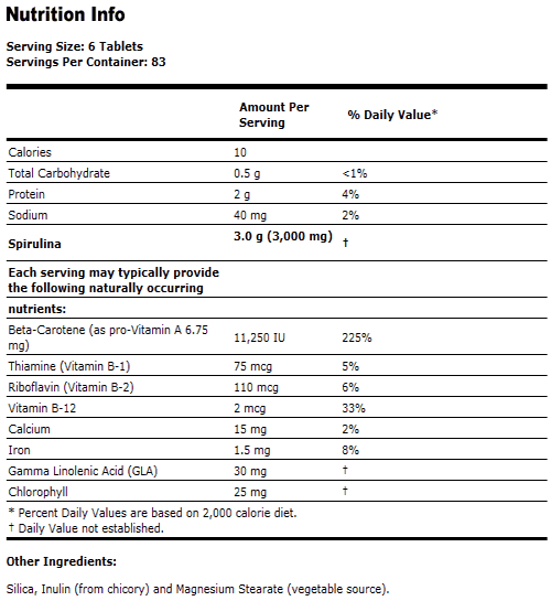 Spirulina 500 mg 100% Natural - 500 Tabs, NOW Foods