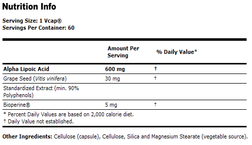 Alpha Lipoic Acid 600mg - 60 VCaps, NOW Foods